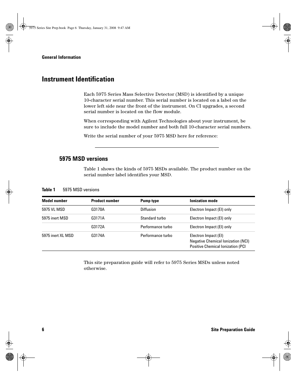 Instrument identification, 5975 msd versions, Instrument identification 6 | 5975 msd versions 6 | Agilent Technologies 5975 User Manual | Page 6 / 44