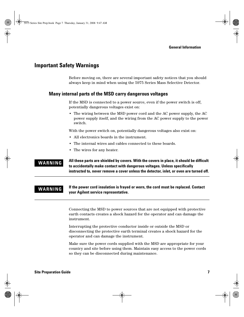 Important safety warnings, Important safety warnings 7 | Agilent Technologies 5975 User Manual | Page 7 / 44