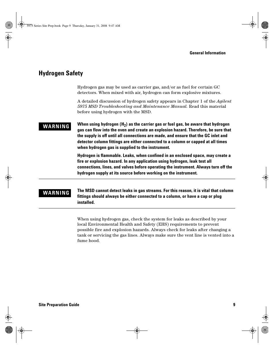 Hydrogen safety, Hydrogen safety 9 | Agilent Technologies 5975 User Manual | Page 9 / 44