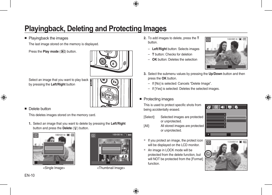 Playingback, deleting and protecting images, En-10, Protecting images | Playingback the images, Delete button | Samsung I100 User Manual | Page 10 / 112
