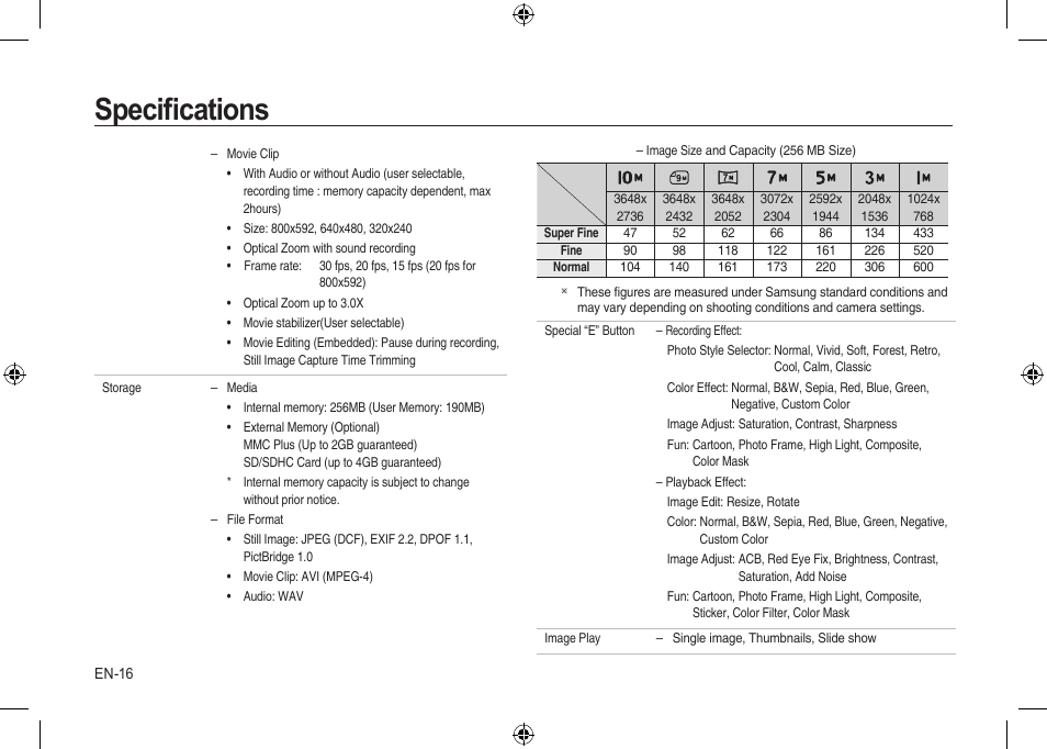 Speciﬁcations | Samsung I100 User Manual | Page 16 / 112