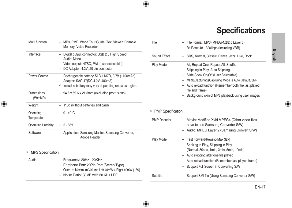 Speciﬁcations | Samsung I100 User Manual | Page 17 / 112