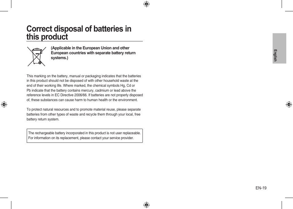 Correct disposal of batteries in this product | Samsung I100 User Manual | Page 19 / 112