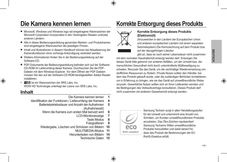 Die kamera kennen lernen, Korrekte entsorgung dieses produkts, Inhalt | Samsung I100 User Manual | Page 21 / 112