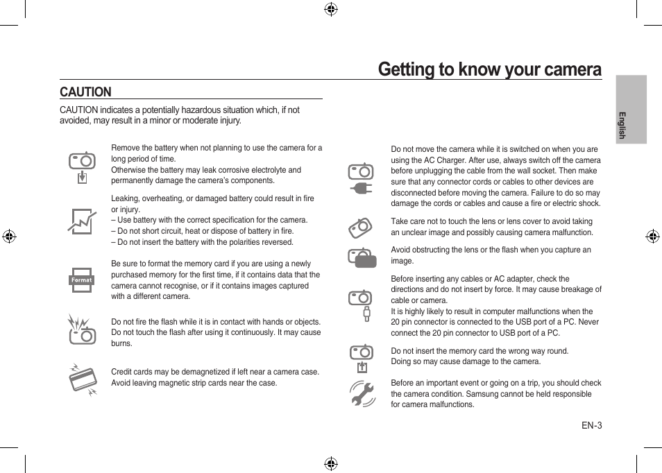 Getting to know your camera, Caution | Samsung I100 User Manual | Page 3 / 112