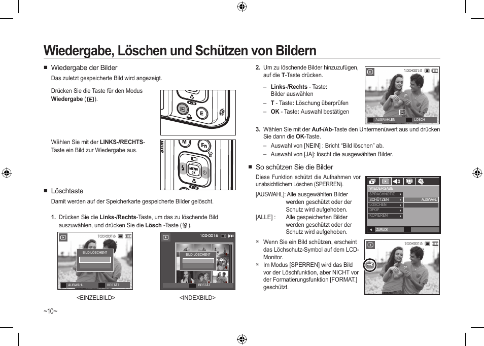 Wiedergabe, löschen und schützen von bildern, So schützen sie die bilder, Wiedergabe der bilder | Löschtaste | Samsung I100 User Manual | Page 30 / 112
