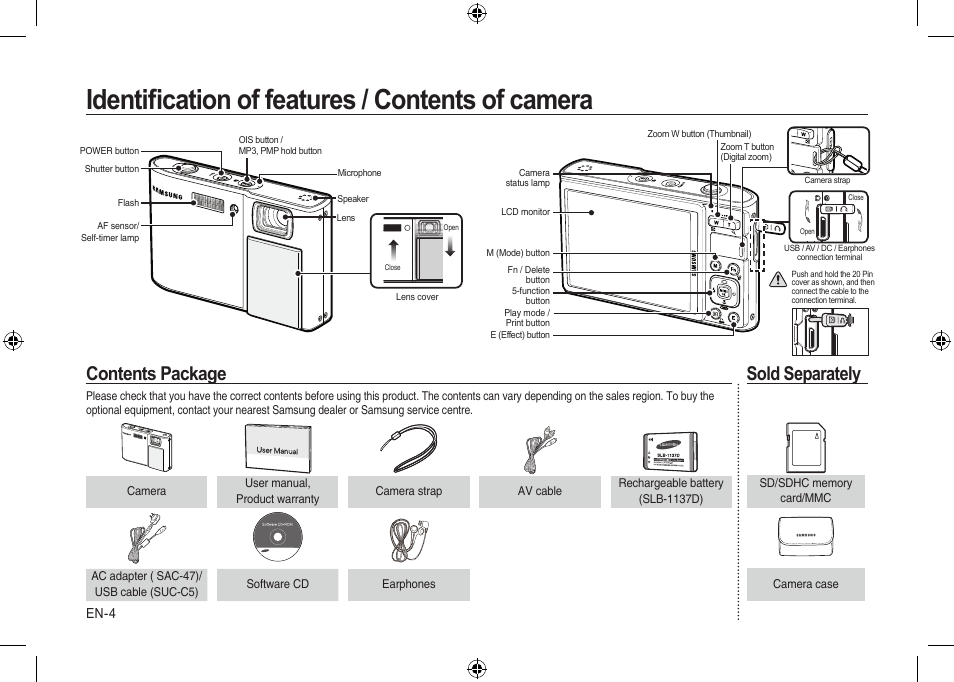 Identiﬁ cation of features / contents of camera, Contents package, Sold separately | Samsung I100 User Manual | Page 4 / 112