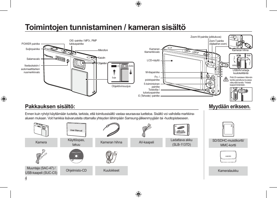 Toimintojen tunnistaminen / kameran sisältö, Pakkauksen sisältö, Myydään erikseen | Samsung I100 User Manual | Page 42 / 112