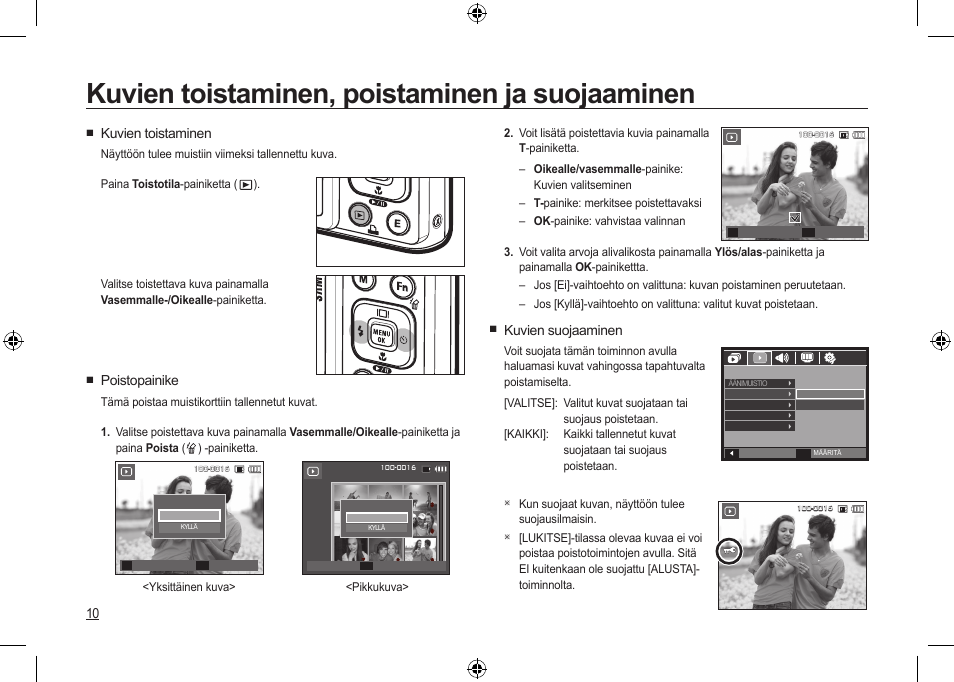 Kuvien toistaminen, poistaminen ja suojaaminen, Kuvien suojaaminen, Kuvien toistaminen | Poistopainike | Samsung I100 User Manual | Page 48 / 112