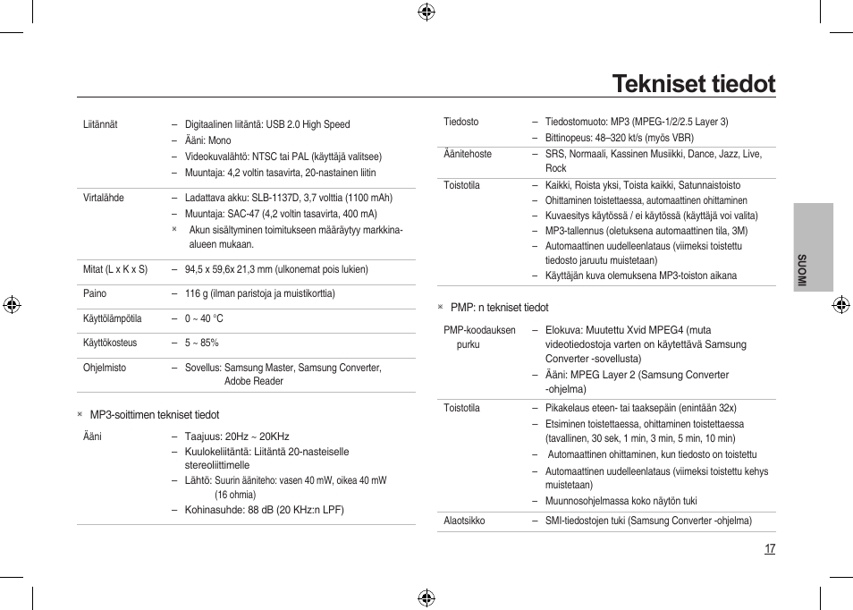 Tekniset tiedot | Samsung I100 User Manual | Page 55 / 112