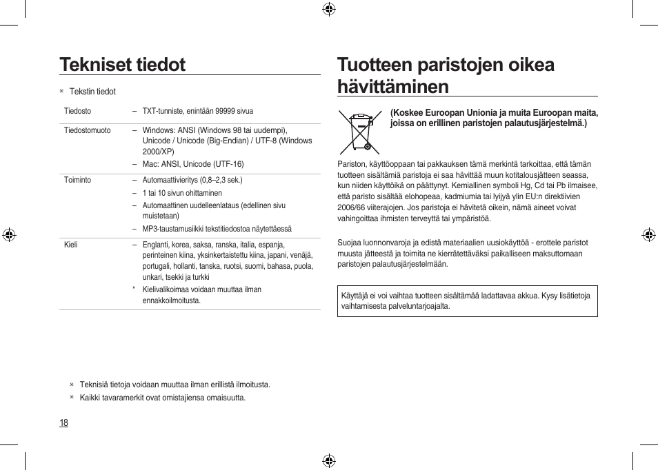 Tekniset tiedot, Tuotteen paristojen oikea hävittäminen | Samsung I100 User Manual | Page 56 / 112