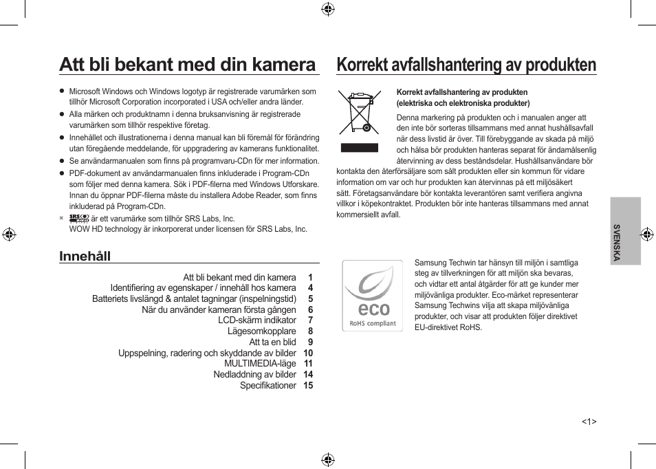 Att bli bekant med din kamera, Korrekt avfallshantering av produkten, Innehåll | Samsung I100 User Manual | Page 57 / 112