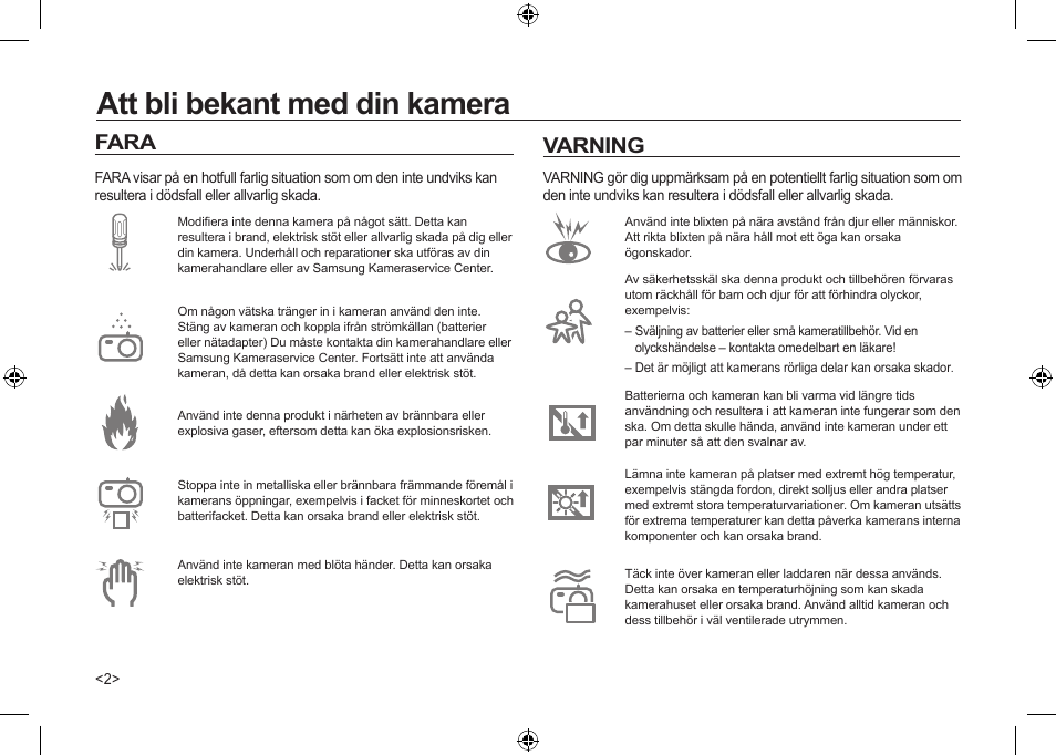 Att bli bekant med din kamera, Fara, Varning | Samsung I100 User Manual | Page 58 / 112