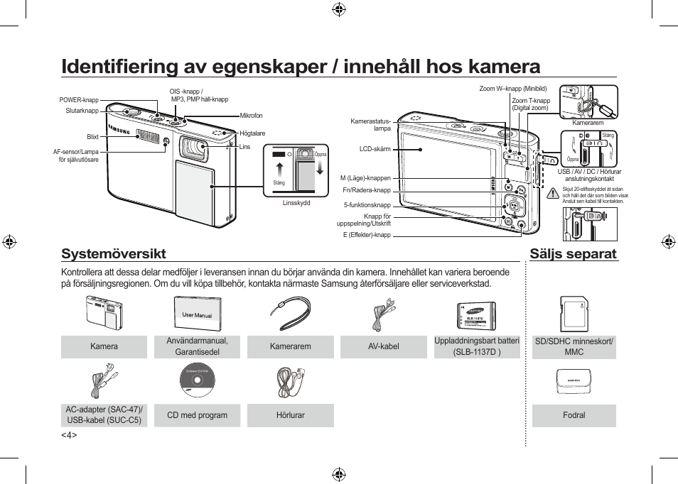 Identiﬁ ering av egenskaper / innehåll hos kamera, Systemöversikt, Säljs separat | Samsung I100 User Manual | Page 60 / 112