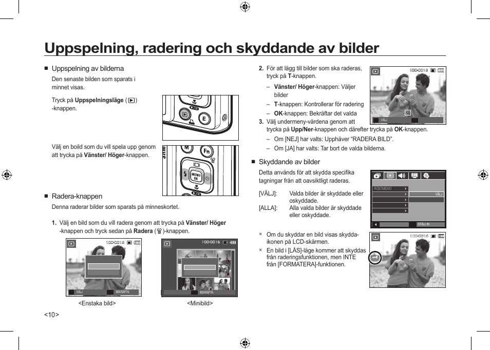 Uppspelning, radering och skyddande av bilder, Skyddande av bilder, Uppspelning av bilderna | Radera-knappen | Samsung I100 User Manual | Page 66 / 112