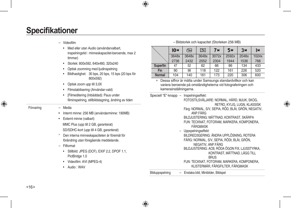 Speciﬁkationer | Samsung I100 User Manual | Page 72 / 112