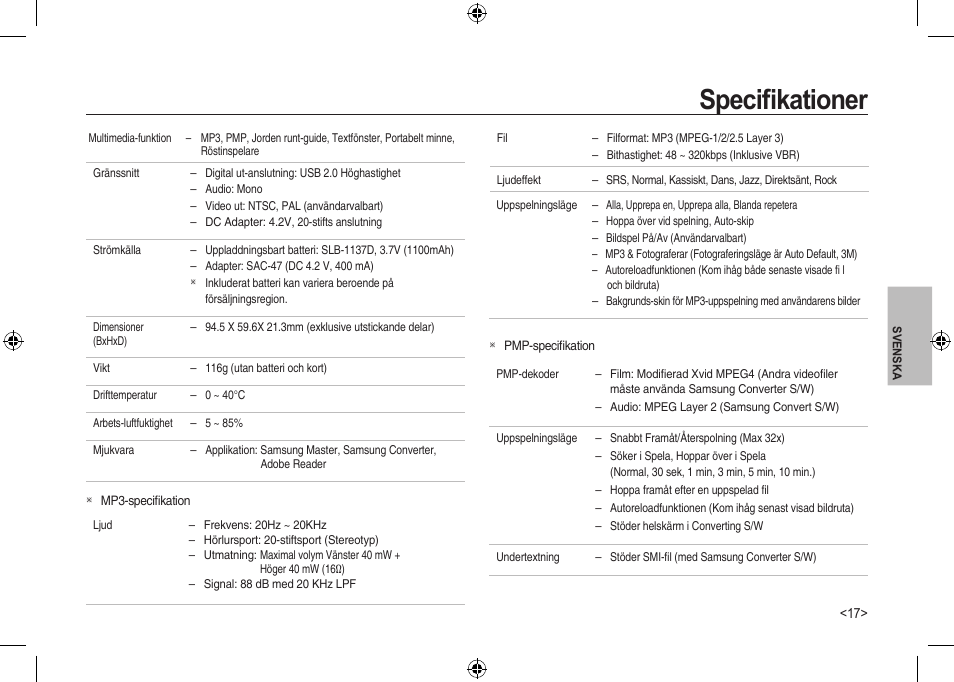 Speciﬁkationer | Samsung I100 User Manual | Page 73 / 112