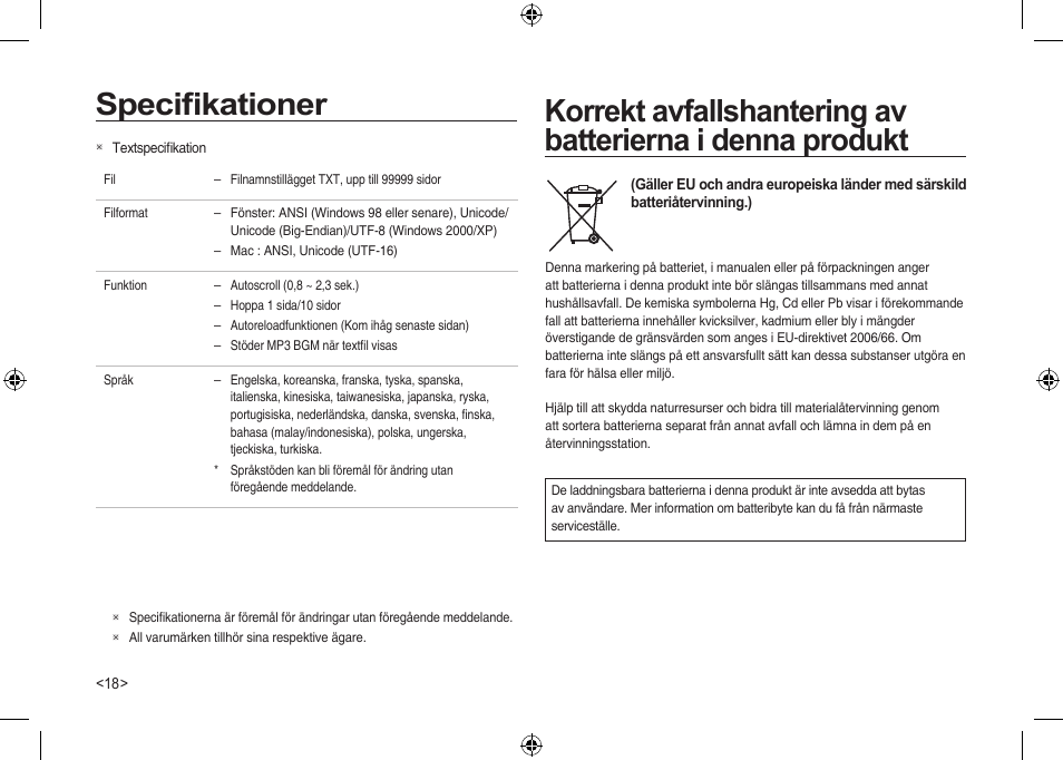 Speciﬁkationer | Samsung I100 User Manual | Page 74 / 112