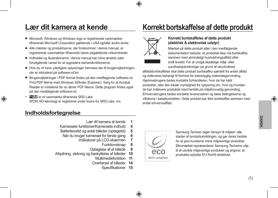 Korrekt bortskaffelse af dette produkt, Lær dit kamera at kende, Indholdsfortegnelse | Samsung I100 User Manual | Page 75 / 112