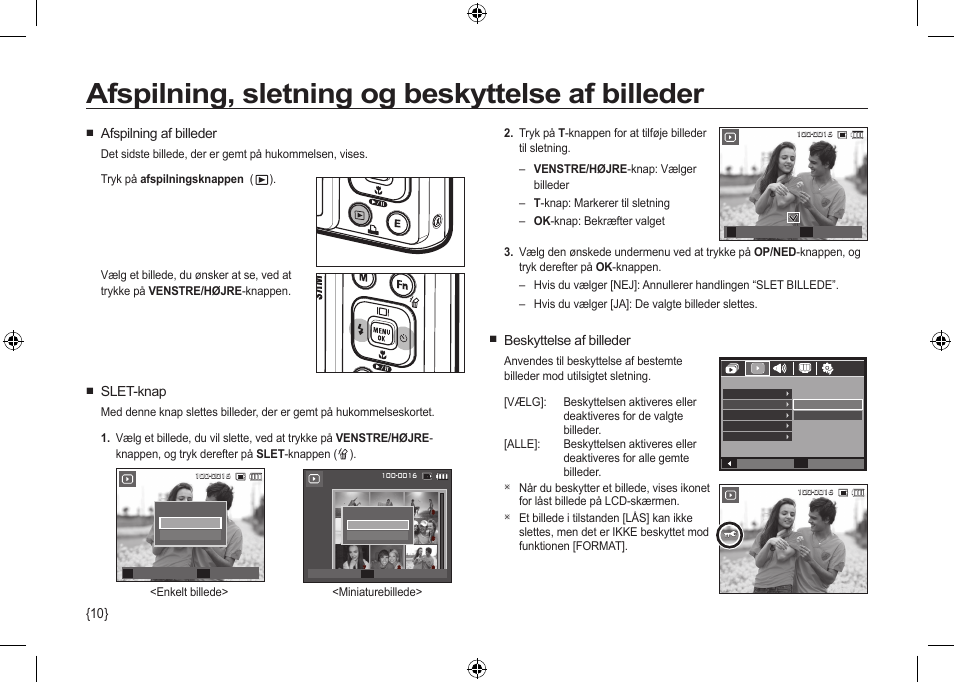 Afspilning, sletning og beskyttelse af billeder, Beskyttelse af billeder, Afspilning af billeder | Slet-knap | Samsung I100 User Manual | Page 84 / 112