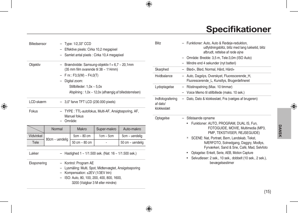 Speciﬁkationer | Samsung I100 User Manual | Page 89 / 112