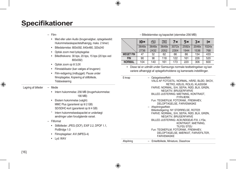 Speciﬁkationer | Samsung I100 User Manual | Page 90 / 112