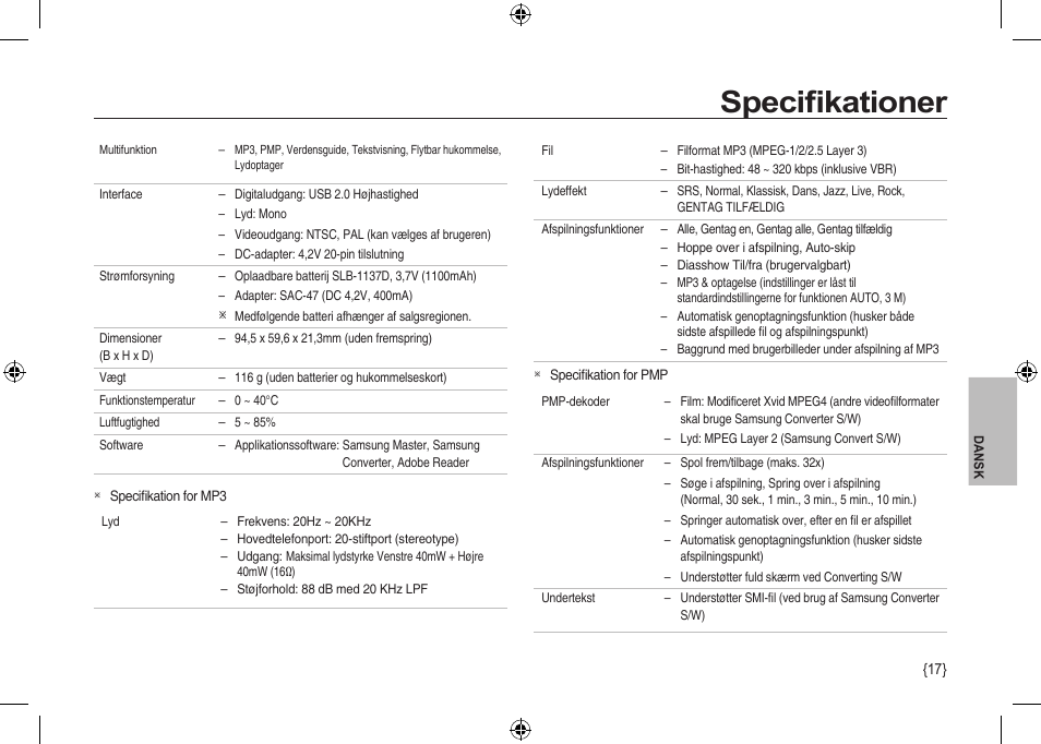 Speciﬁkationer | Samsung I100 User Manual | Page 91 / 112