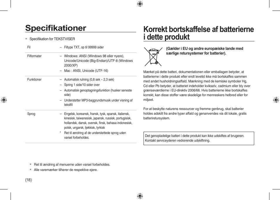 Speciﬁkationer | Samsung I100 User Manual | Page 92 / 112