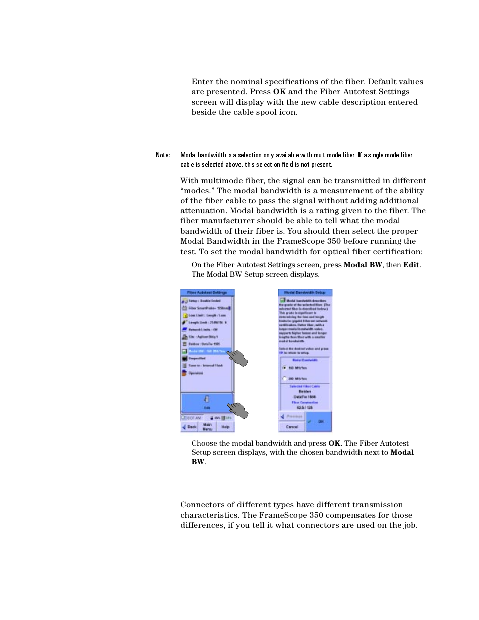 Setting the modal bandwidth, Choosing the connector type | Agilent Technologies N2610A User Manual | Page 118 / 248