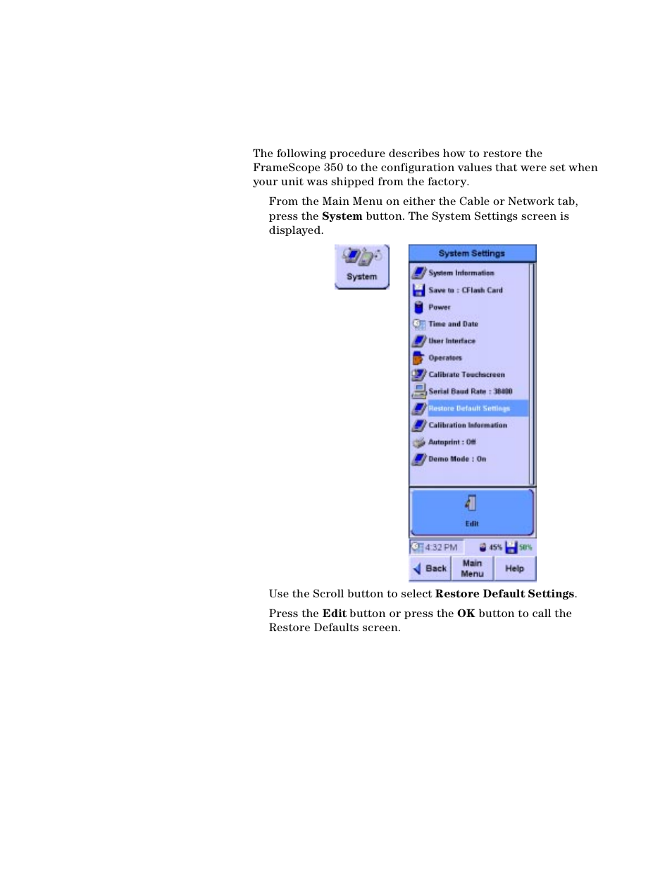 Restore default settings | Agilent Technologies N2610A User Manual | Page 174 / 248