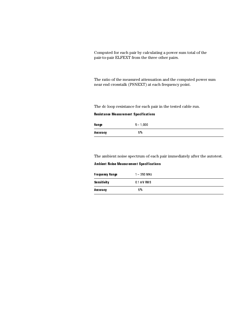 Power sum elfext (pselext), Power sum acr (psacr), Resistance | Ambient noise | Agilent Technologies N2610A User Manual | Page 223 / 248