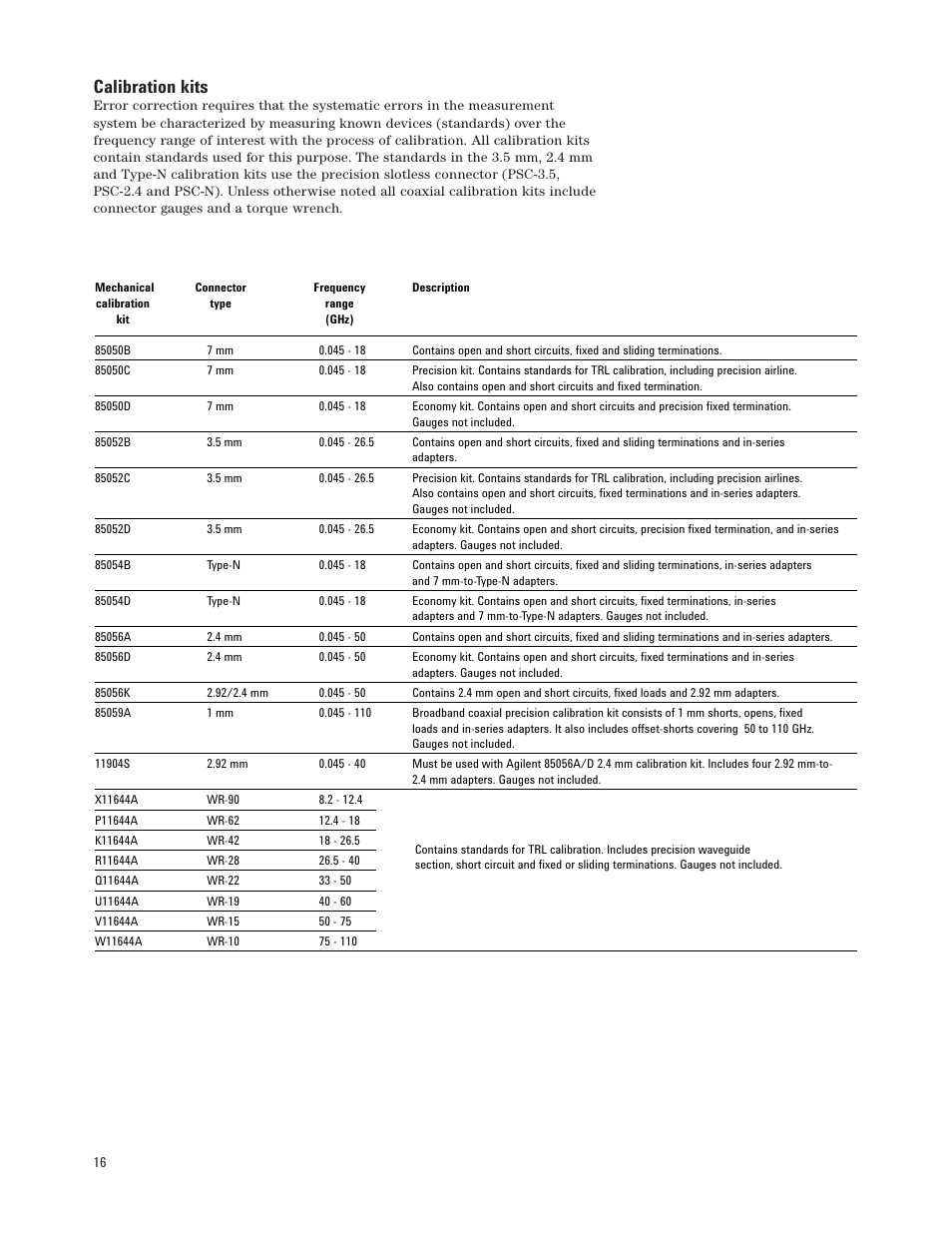 Calibration kits | Agilent Technologies 8510XF User Manual | Page 16 / 20