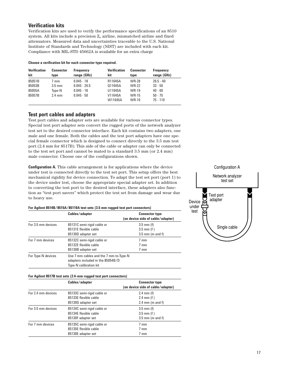 Verification kits, Test port cables and adapters | Agilent Technologies 8510XF User Manual | Page 17 / 20
