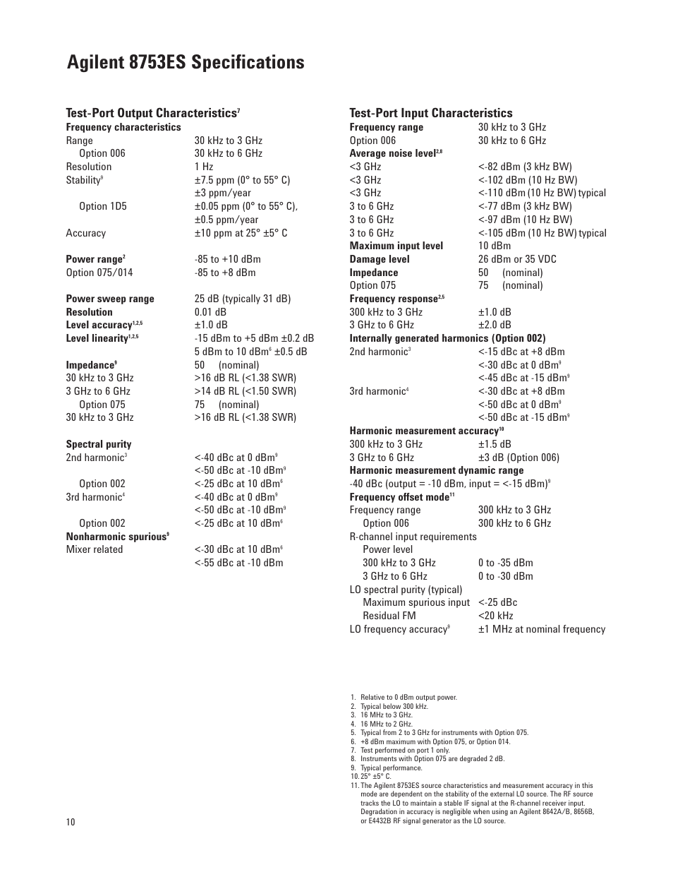 Agilent 8753es specifications, Test-port output characteristics, Test-port input characteristics | Agilent Technologies 8753ET User Manual | Page 10 / 28