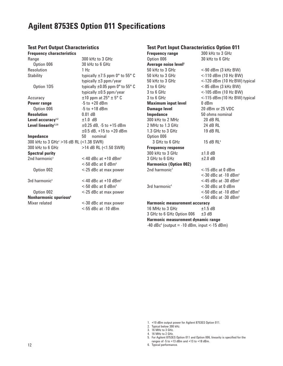 Test port output characteristics, Test port input characteristics option 011 | Agilent Technologies 8753ET User Manual | Page 12 / 28