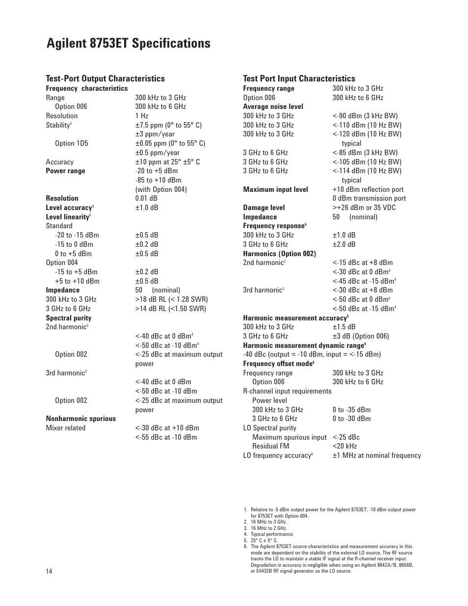 Agilent 8753et specifications, Test-port output characteristics, Test port input characteristics | Agilent Technologies 8753ET User Manual | Page 14 / 28