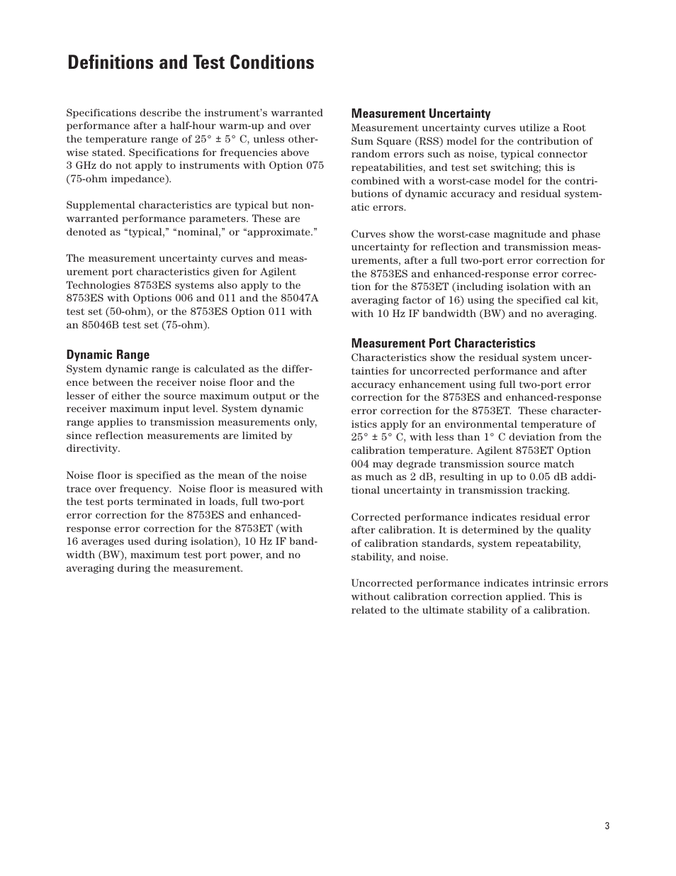 Definitions and test conditions | Agilent Technologies 8753ET User Manual | Page 3 / 28