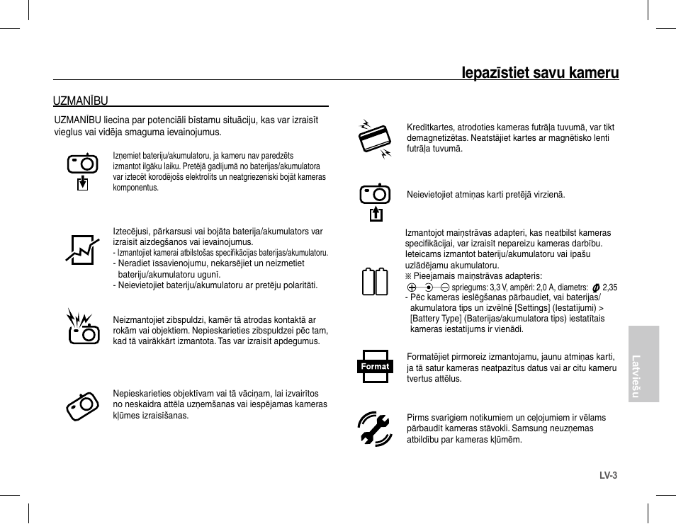 Iepazīstiet savu kameru, Uzmanību | Samsung S1070 User Manual | Page 100 / 146