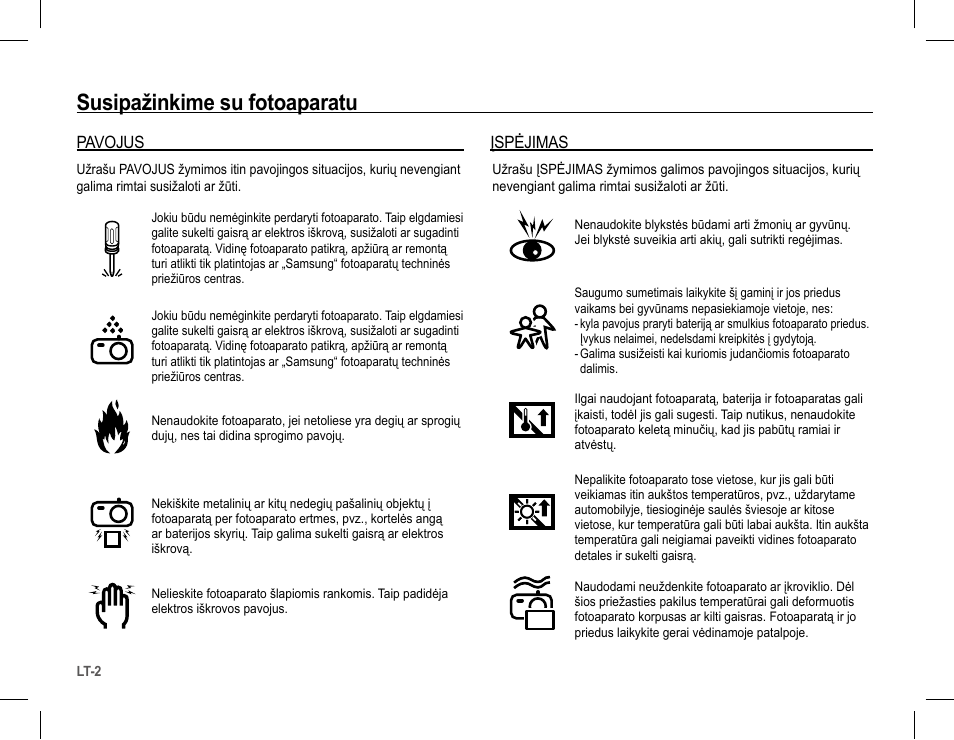 Susipažinkime su fotoaparatu, Pavojus, Įspėjimas | Samsung S1070 User Manual | Page 115 / 146