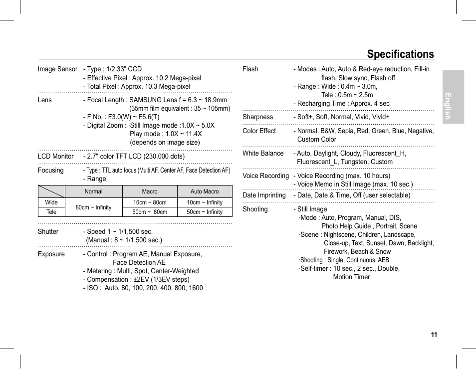 Specifications | Samsung S1070 User Manual | Page 12 / 146