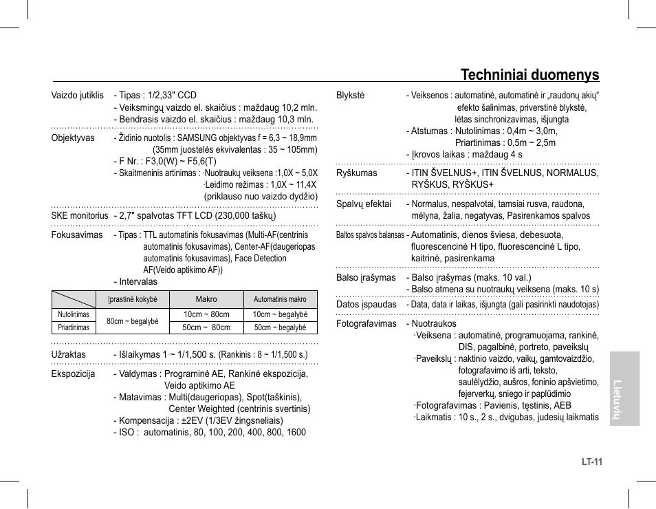 Techniniai duomenys | Samsung S1070 User Manual | Page 124 / 146