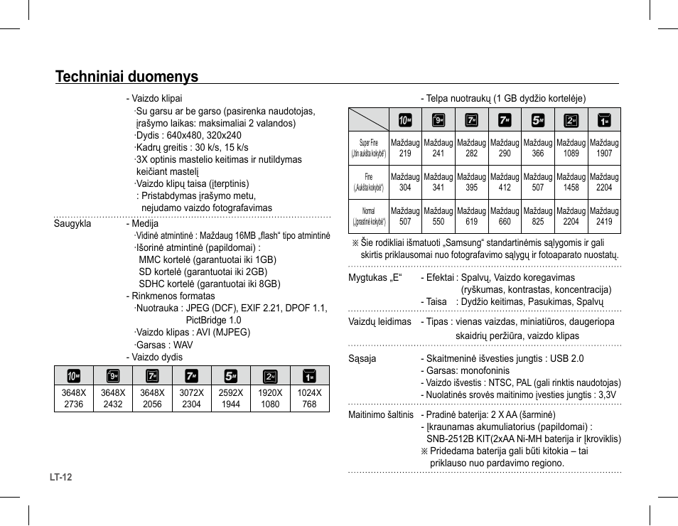 Techniniai duomenys | Samsung S1070 User Manual | Page 125 / 146