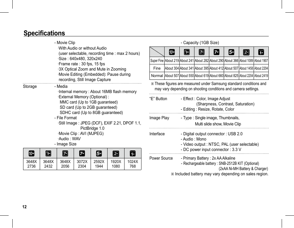 Specifications | Samsung S1070 User Manual | Page 13 / 146