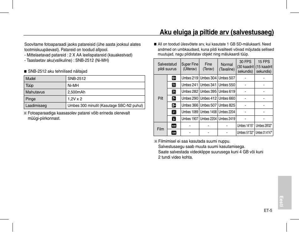 Aku eluiga ja piltide arv (salvestusaeg) | Samsung S1070 User Manual | Page 134 / 146