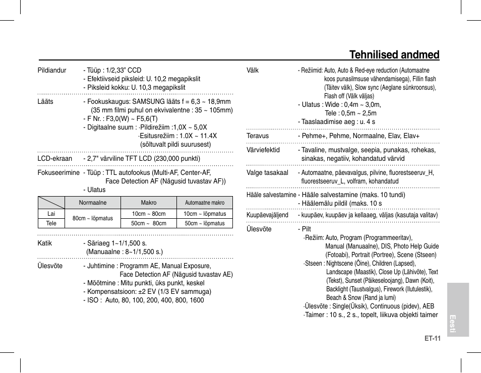 Tehnilised andmed | Samsung S1070 User Manual | Page 140 / 146