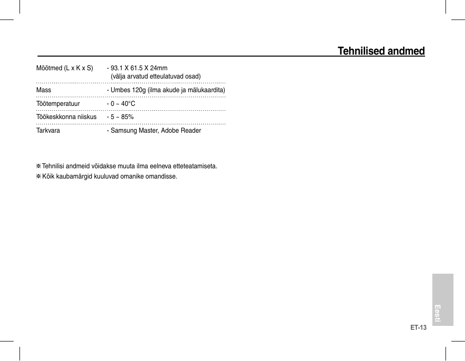 Tehnilised andmed | Samsung S1070 User Manual | Page 142 / 146