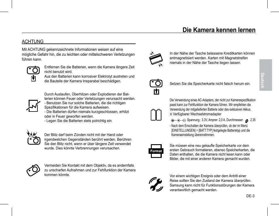 Die kamera kennen lernen, Achtung | Samsung S1070 User Manual | Page 20 / 146