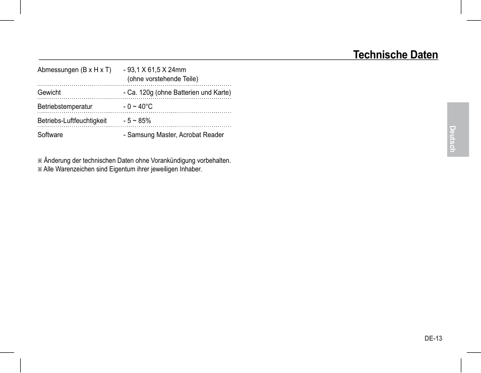 Technische daten | Samsung S1070 User Manual | Page 30 / 146