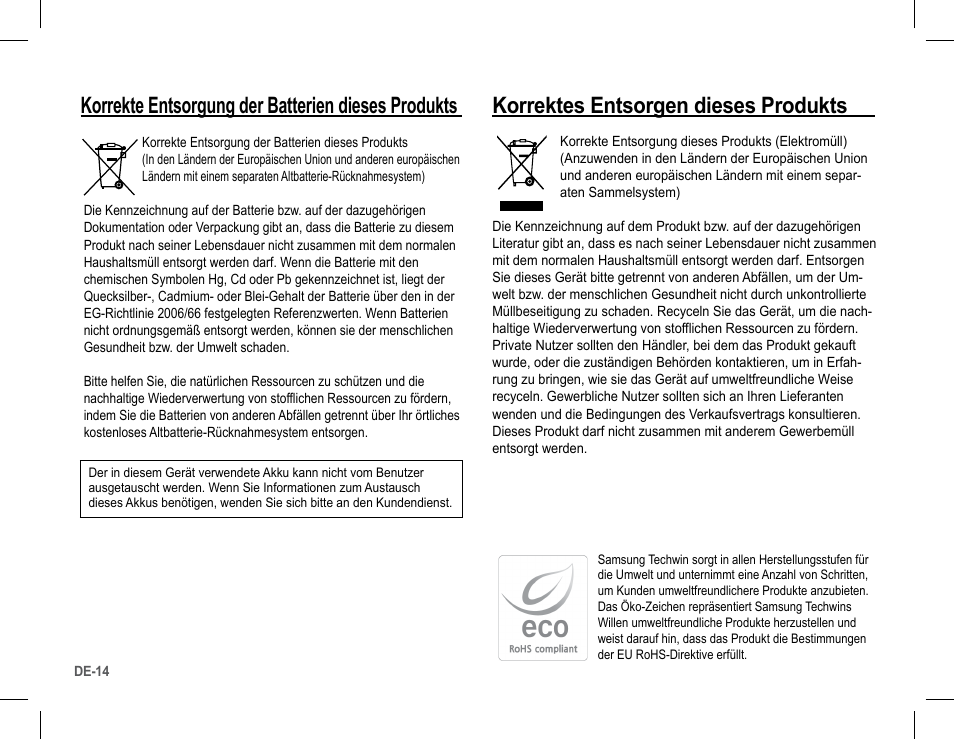 Korrekte entsorgung der batterien dieses produkts, Korrektes entsorgen dieses produkts | Samsung S1070 User Manual | Page 31 / 146