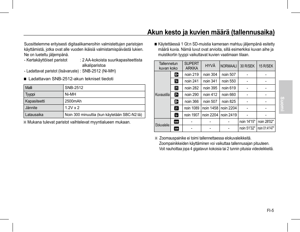 Akun kesto ja kuvien määrä (tallennusaika) | Samsung S1070 User Manual | Page 38 / 146